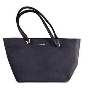 Calvin Klein Navy Blue Saffiano Leather Tote Bag With Gold Hardware